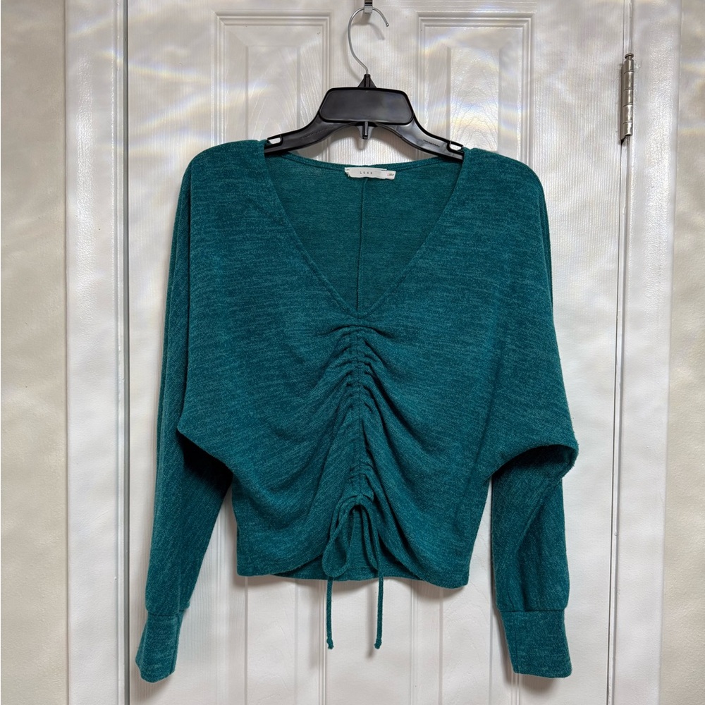 Teal Ruched V-Neck Sweater